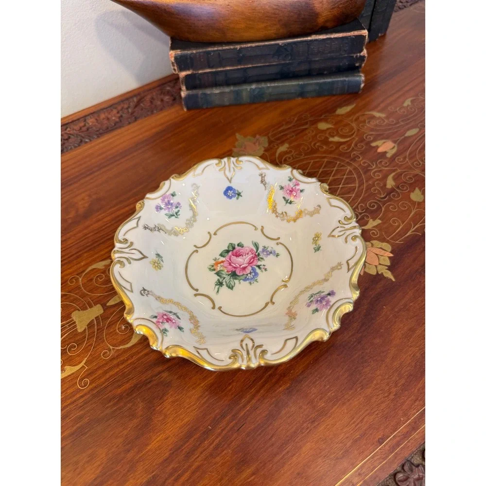 Vintage German Porcelain Trinket Dish, JLMenau Floral Gilt‎ Vanity Bowl